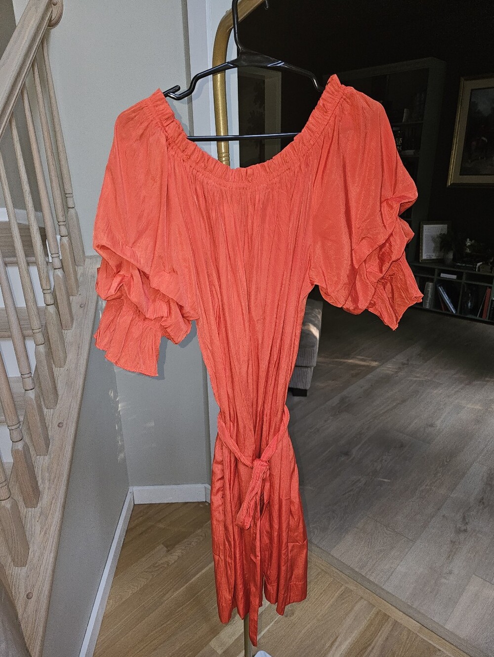 MERSEA x Anthropologie Tulum Ruffle Dress Sunset Orange Off Shoulder Medium - Picture 15 of 16